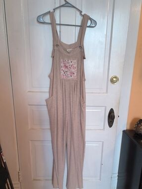 POL Beige Ribbed Overalls with Floral Patch Pocket